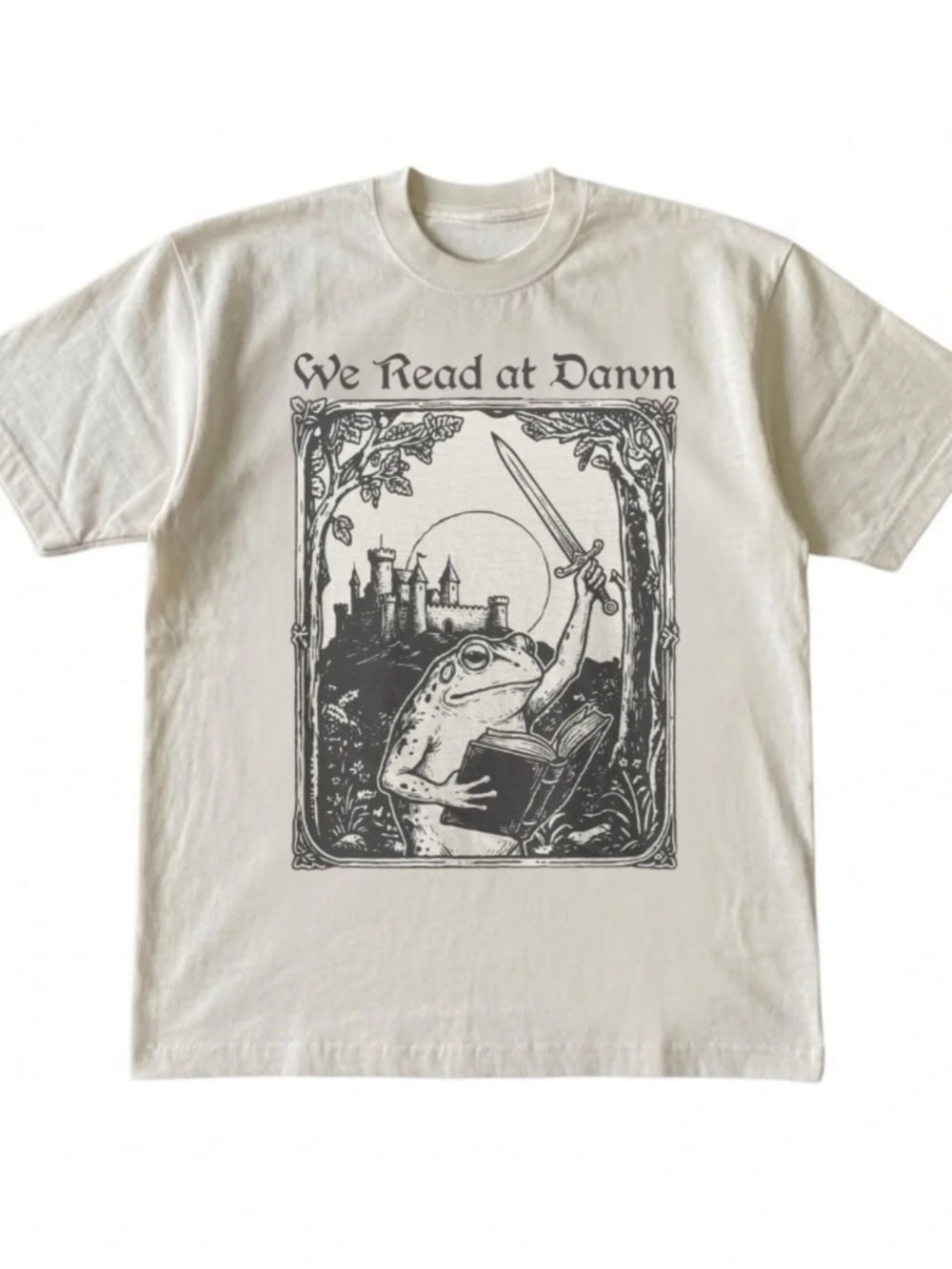 Cream Short-Sleeve T-Shirt with Black Frog & Castle Graphic